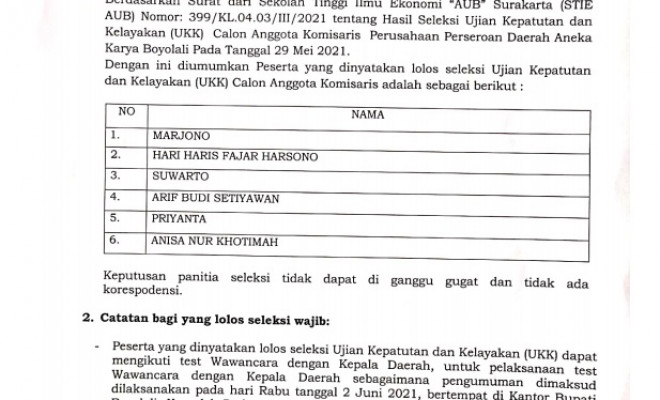 HASIL SELEKSI UJIAN KEPATUTAN DAN KELAYAKAN CALON ANGGOTA KOMISARIS PERUSAHAAN UMUM DAERAH AIR MINUM TIRTA AMPERA